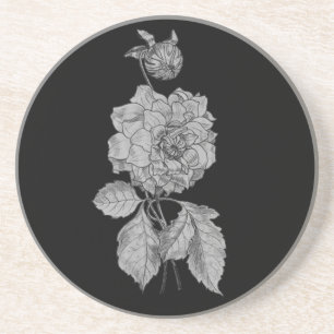Elegant Silver Peony Black Floral Drink Coaster