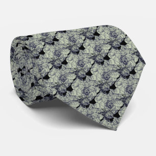 Elegant Silver Peony Flower Black Floral Pattern Tie