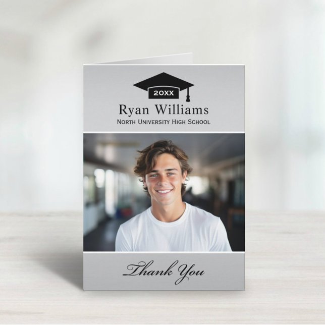 Elegant Silver Personalised Graduation Photo Thank You Card (Creator Uploaded)