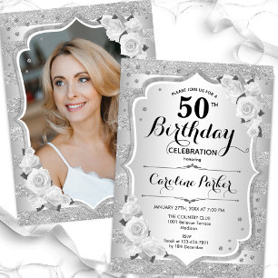 Elegant Silver Photo 50th Birthday Invitation
