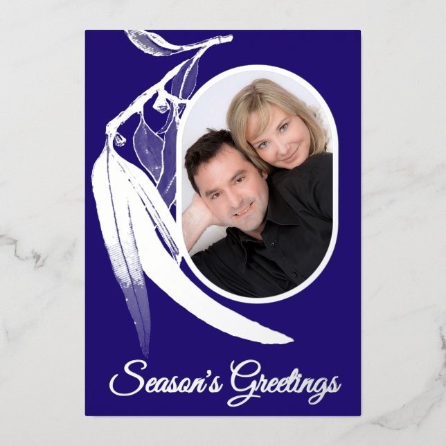 Elegant Silver Photo Botanic Watercolor Christmas Foil Holiday Card (Front)