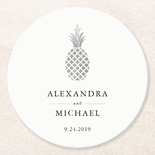 Elegant Silver Pineapple Wedding Round Paper Coaster (Front)