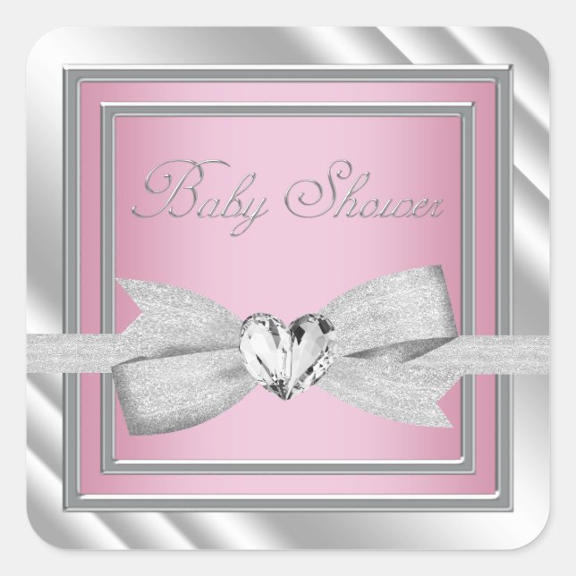 Elegant Silver Pink Baby Shower Stickers (Front)