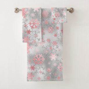 Elegant Silver Pink Christmas Snowflake Pattern Bath Towel Set