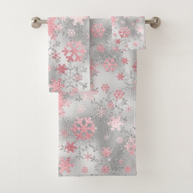 Elegant Silver Pink Christmas Snowflake Pattern Bath Towel Set (Insitu)