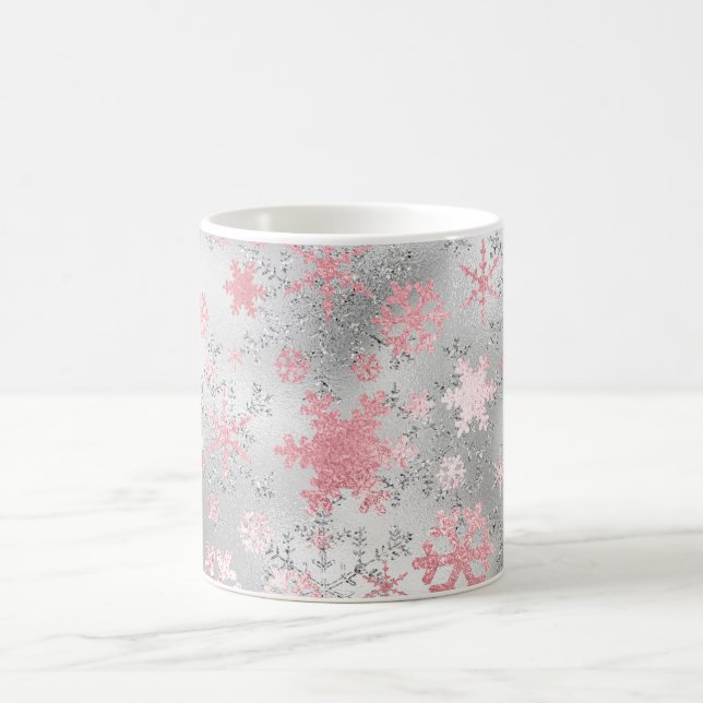 Elegant Silver Pink Christmas Snowflake Pattern Coffee Mug (Center)