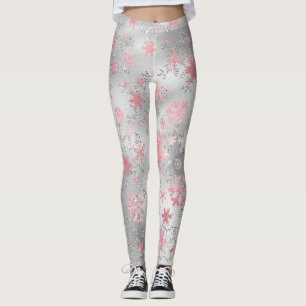 Elegant Silver Pink Christmas Snowflake Pattern Leggings
