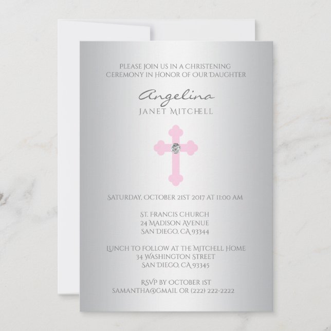 Elegant Silver Pink Cross Girl Baptism Christening Invitation (Front)