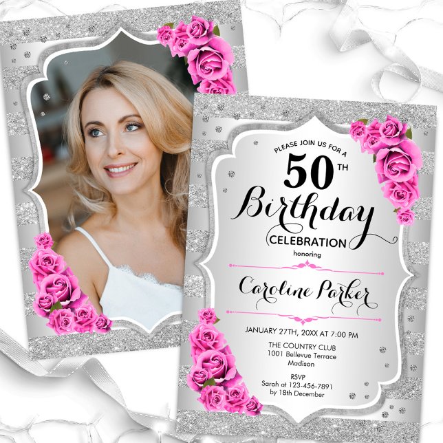 Elegant Silver Pink Photo 50th Birthday Invitation (Creator Uploaded)