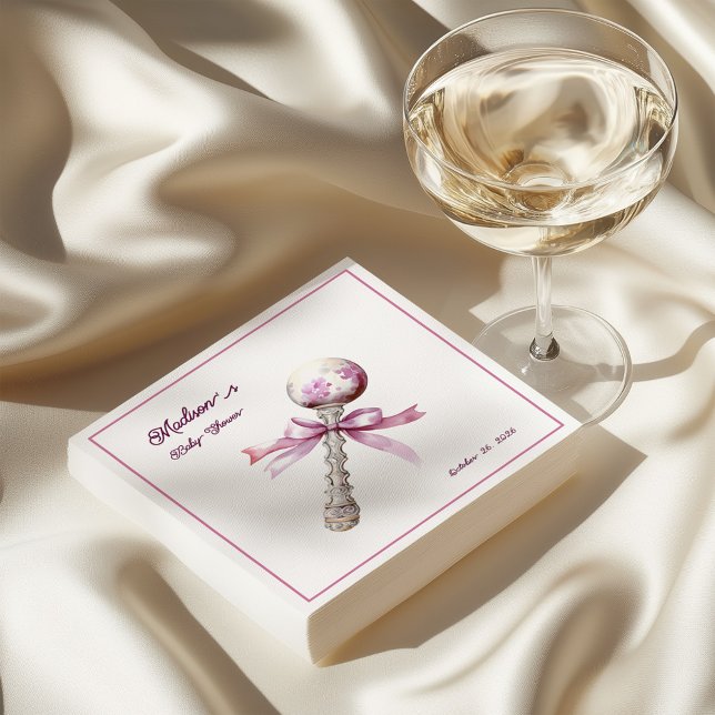 Elegant Silver Pink Rattle Bow Baby Shower Napkin (Creator Uploaded)