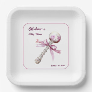 Elegant Silver Pink Rattle Bow Baby Shower Paper Plate