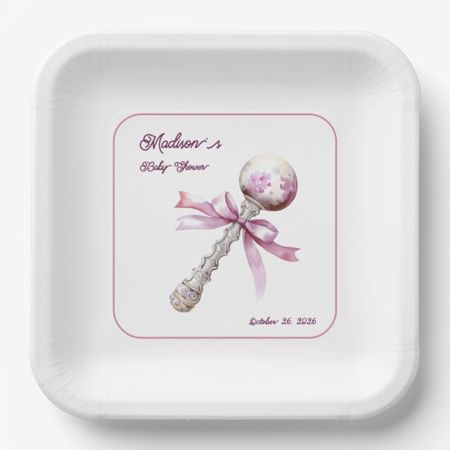 Elegant Silver Pink Rattle Bow Baby Shower Paper Plate (Front)