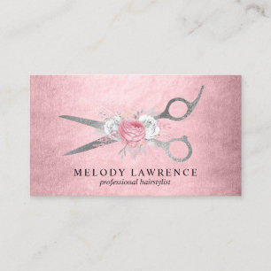 Elegant silver pink rose gold scissors hairstylist business card