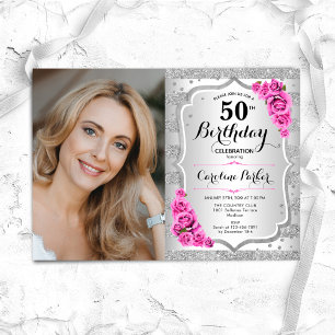 Elegant Silver Pink Roses Photo 50th Birthday Invitation