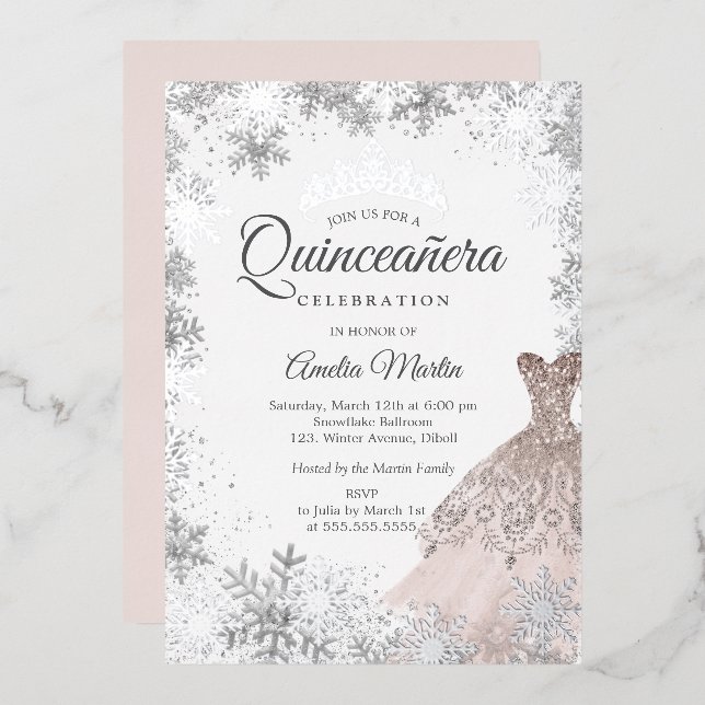 Elegant Silver Pink Winter Snowflake Quinceanera (Front/Back)