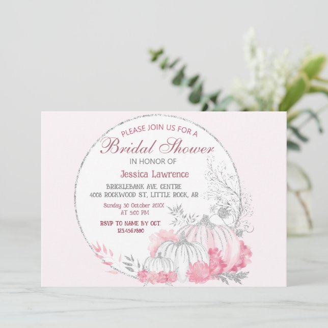 Elegant Silver Pumpkin Pink Floral  Invitation (Standing Front)