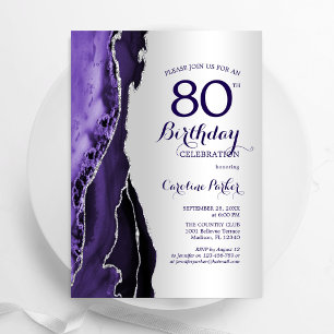 Elegant Silver Purple Agate 80th Birthday Invitation