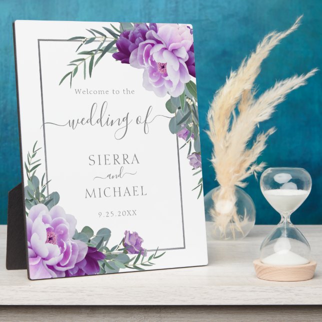 Elegant Silver & Purple Eucalyptus Floral Wedding Plaque (Side)