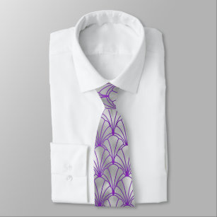 Elegant Silver Purple Fan Design Art Deco Tie