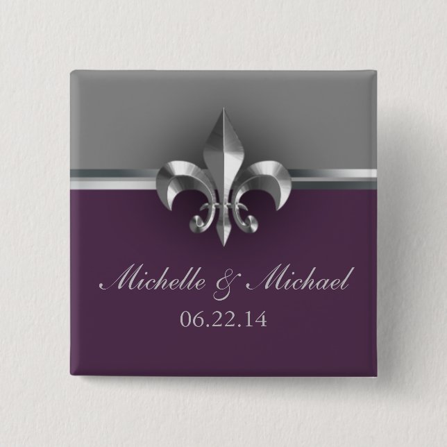 Elegant Silver Purple Fleur de Lis 15 Cm Square Badge (Front)