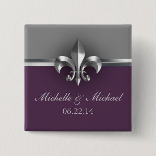 Elegant Silver Purple Fleur de Lis 15 Cm Square Badge
