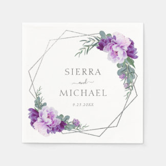 Elegant Silver & Purple Floral Eucalyptus Wedding Napkin