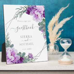 Elegant Silver & Purple Floral Wedding Guestbook Plaque