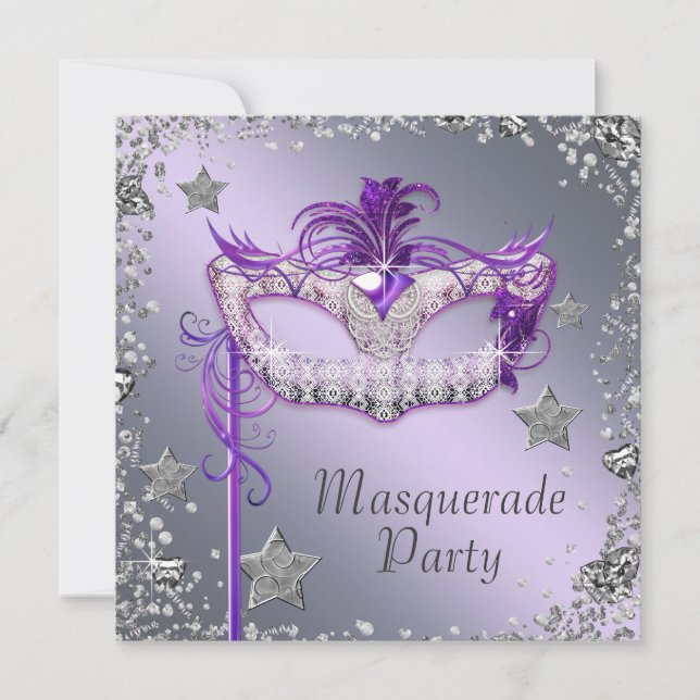 Elegant Silver Purple Masquerade Party Invitation (Front)