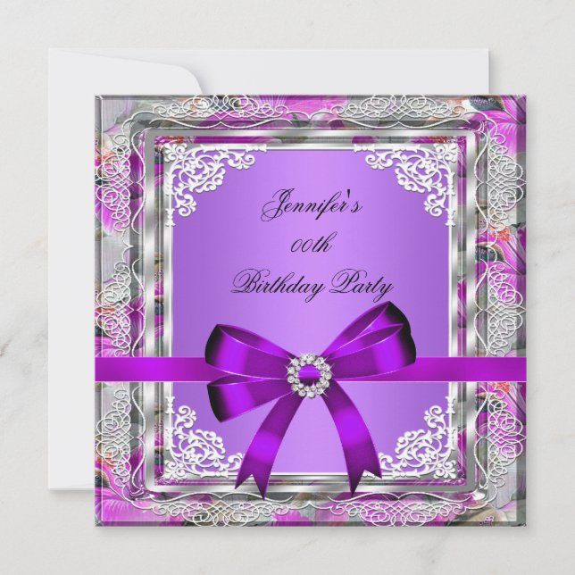 Elegant Silver Purple Mauve Jewel Birthday Party Invitation (Front)