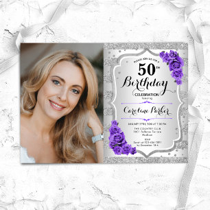 Elegant Silver Purple Photo 50th Birthday Invitation