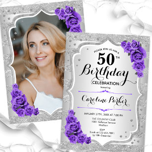 Elegant Silver Purple Photo 50th Birthday Invitation