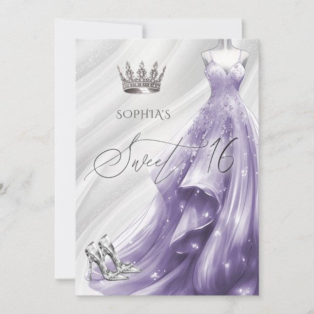 Elegant Silver Purple Sparkle Dress Sweet 16 Invitation (Front)