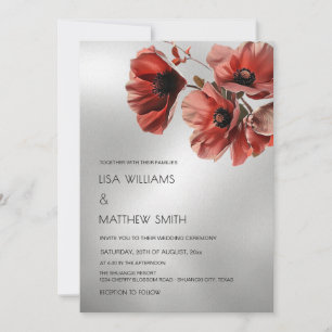 Elegant Silver Red Flowers   Photo Wedding Invitation
