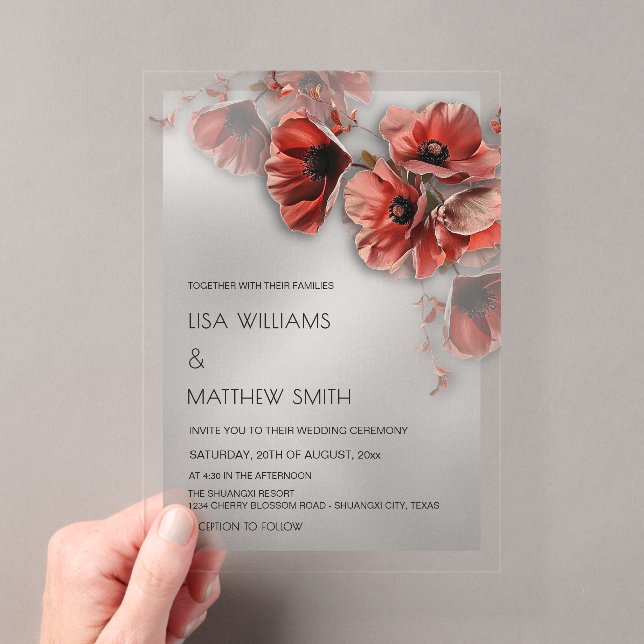 Elegant Silver Red Flowers Transparent Wedding Acrylic Invitations (Insitu (Handheld))