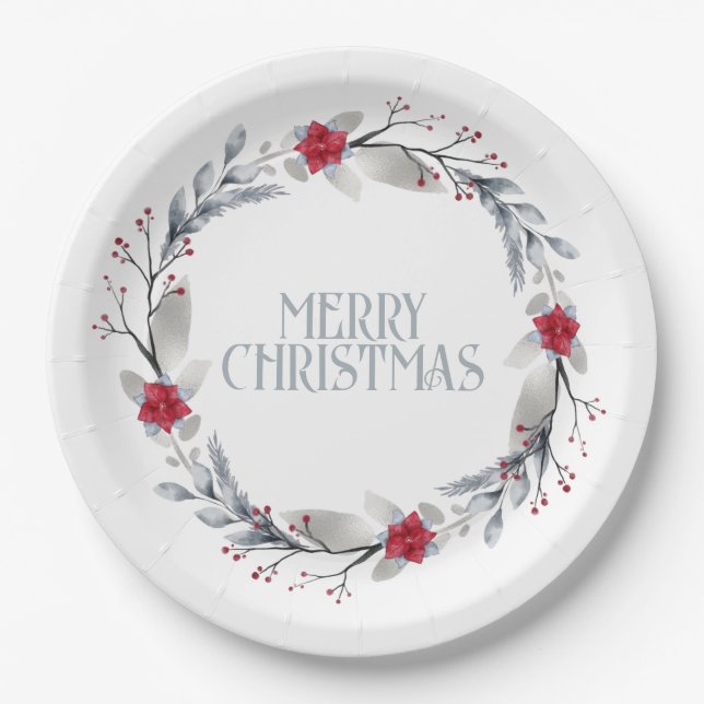 Elegant Silver Red Merry Christmas Wreath Paper Plate (Front)