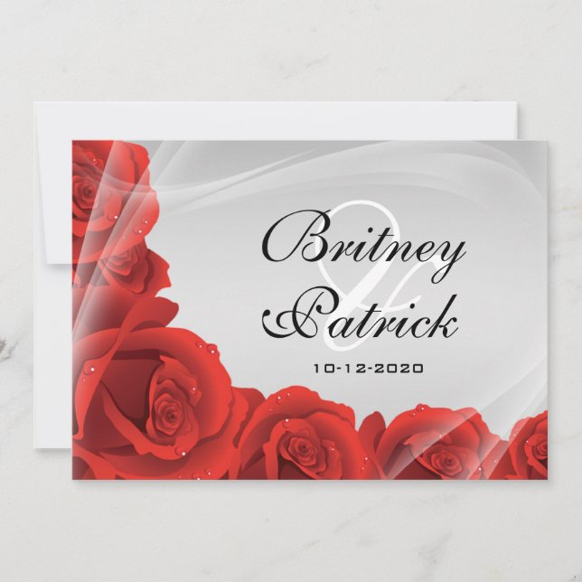 Elegant Silver & Red Rose Wedding Invitations (Front)