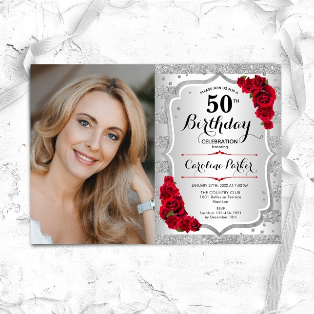 Elegant Silver Red Roses Photo 50th Birthday Invitation (Creator Uploaded)