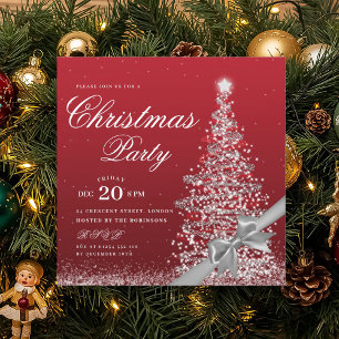 Elegant Silver Red Winter Christmas Tree Bow  Invitation