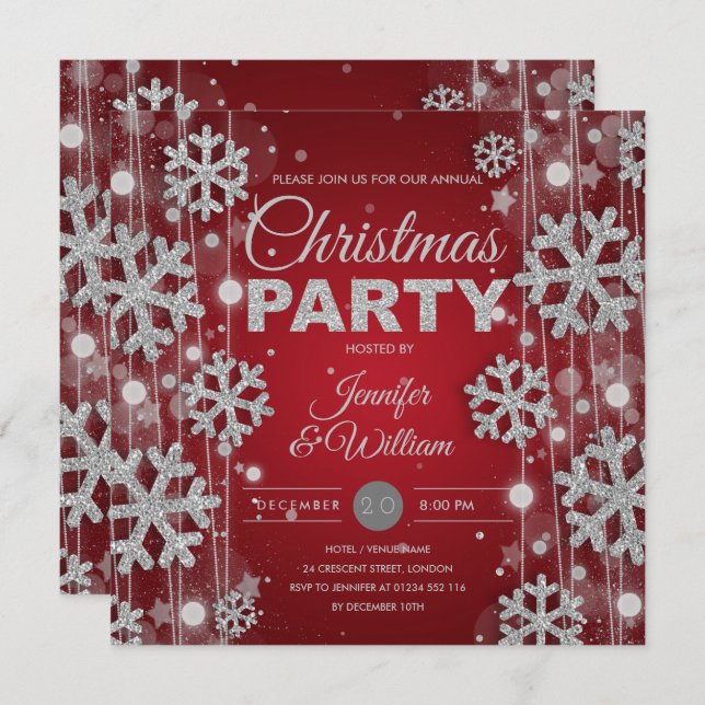 Elegant Silver Red Winter Glam Christmas Party Invitation (Front/Back)