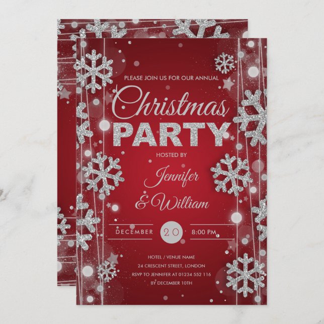 Elegant Silver Red Winter Glam Christmas Party Invitation (Front/Back)