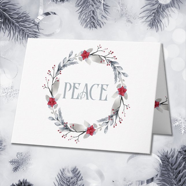 Elegant Silver Red Wreath Festive  Card (Front)