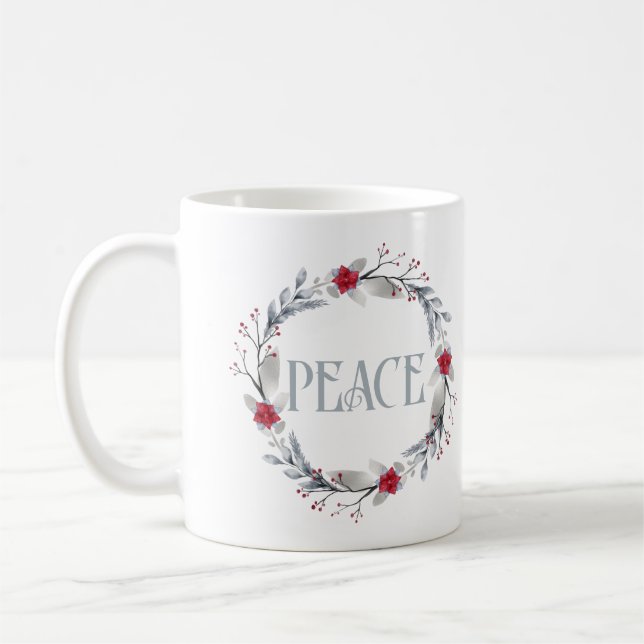 Elegant Silver Red Wreath Peace Coffee Mug (Left)