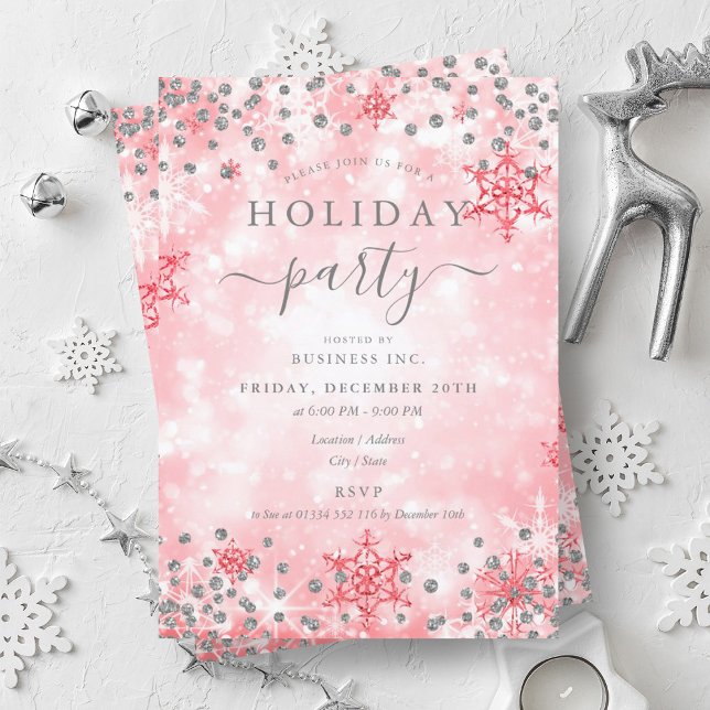 Elegant Silver Red Xmas Winter Company Holiday  Invitation (Elegant Silver Red Xmas Winter Company Holiday Invitation)