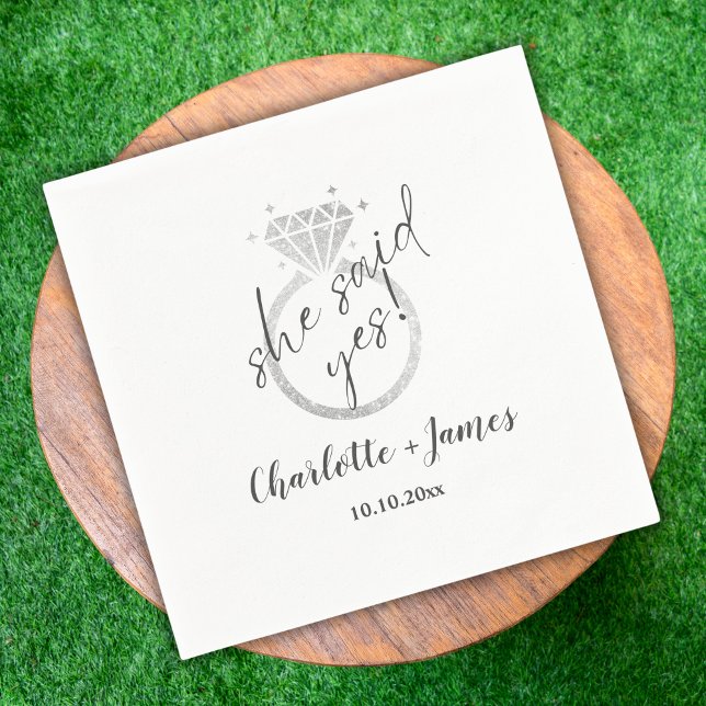 Elegant Silver Ring She Said Yes Engagement Napkin (Creator Uploaded)