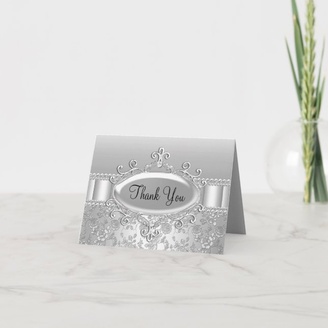 Elegant Silver Rose & Diamond Thank You Card (Front)