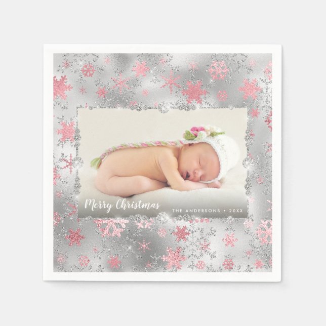 Elegant silver rose gold snowflakes custom photo napkin (Front)