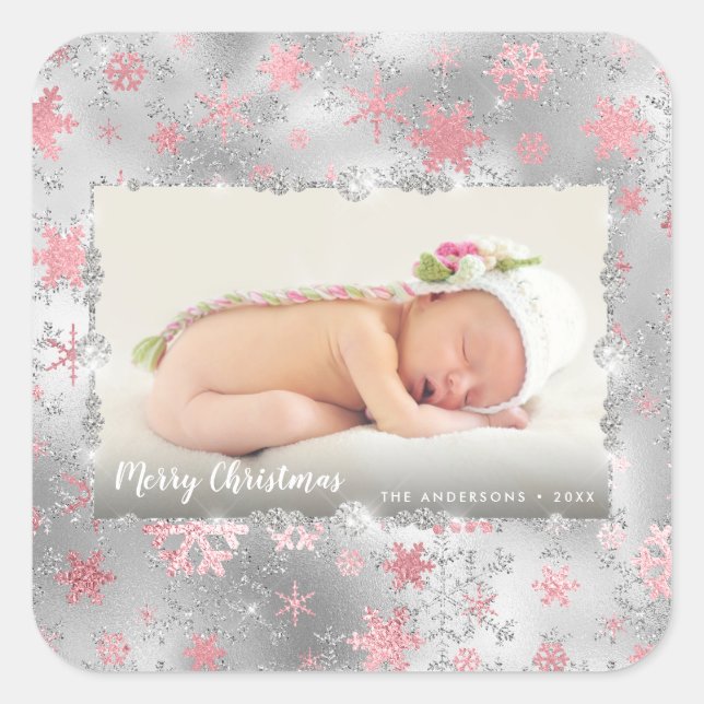 Elegant silver rose gold snowflakes custom photo square sticker (Front)