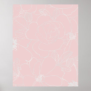 Elegant Silver Roses Floral Drawing Pink Design Poster