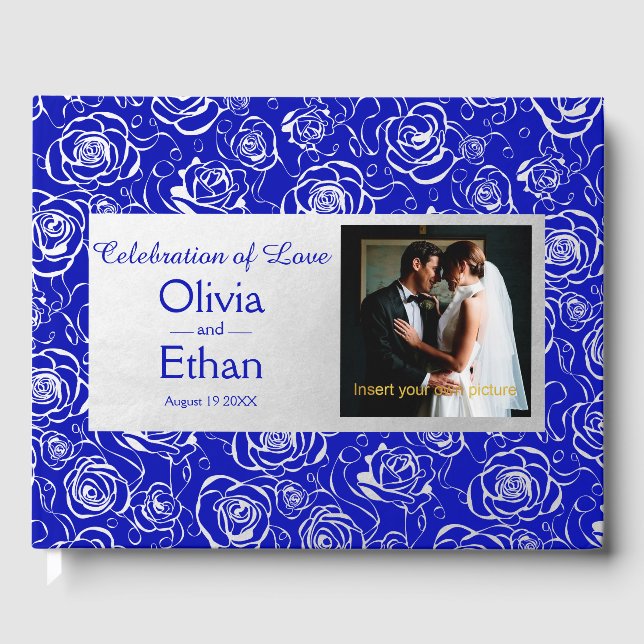 Elegant Silver Roses on Royal Blue Guest Book (Front)