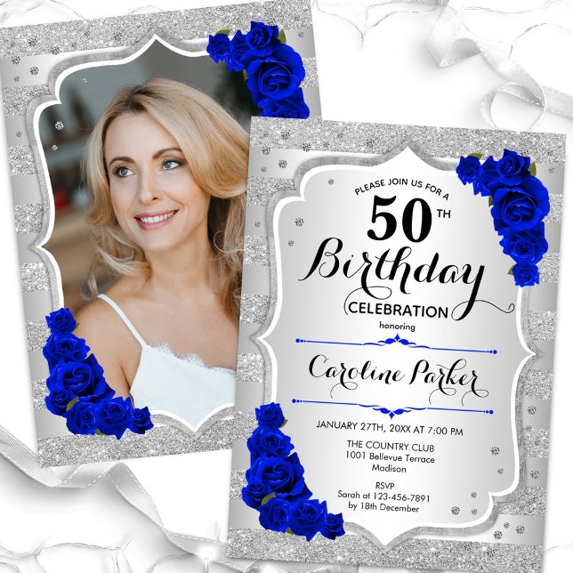 Elegant Silver Royal Blue Photo 50th Birthday Invitation (Creator Uploaded)